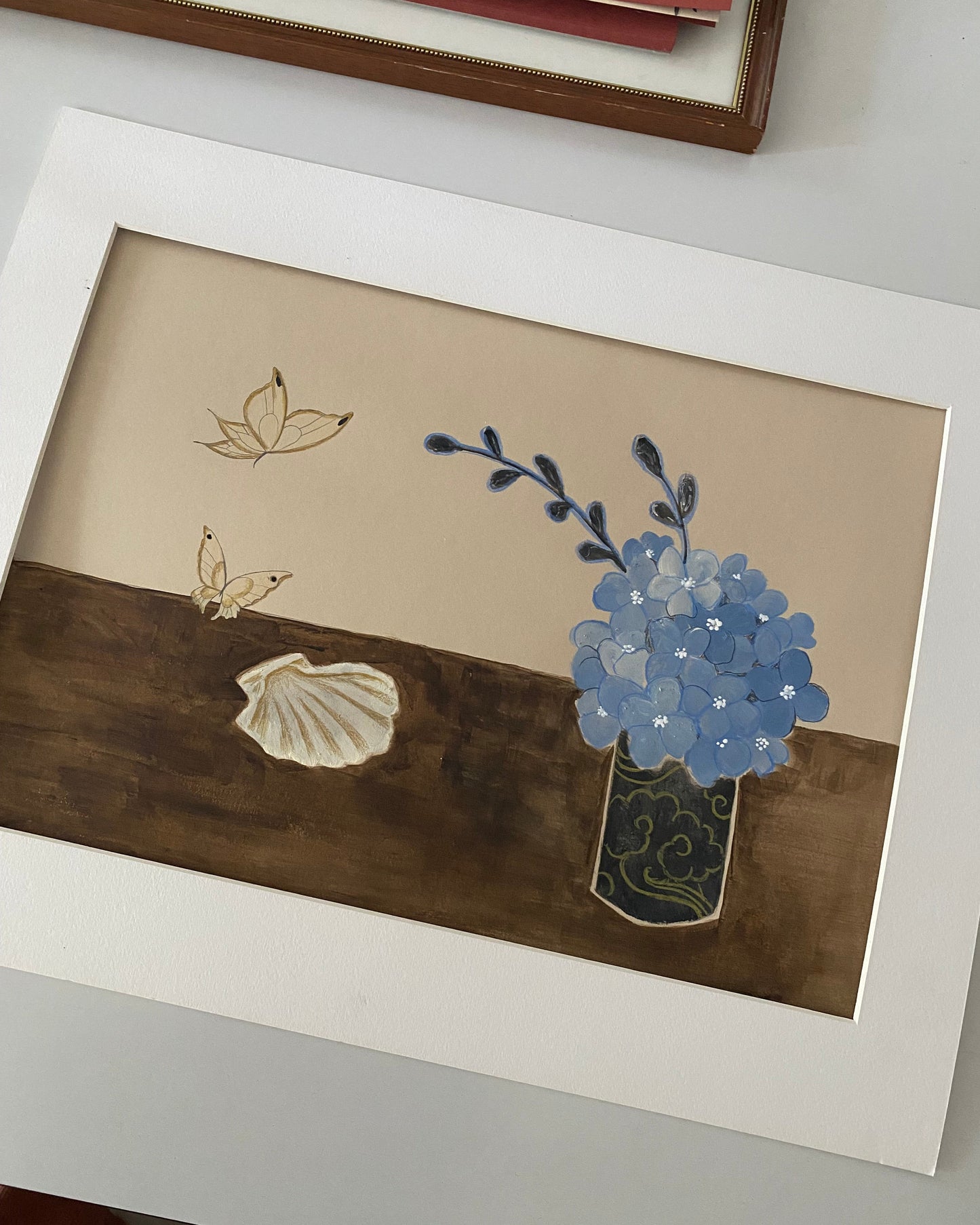 Hydrangea Hortensien still life painting stillleben japan art A3 earthy tones original art blue beige butterfly minimalistic japan art