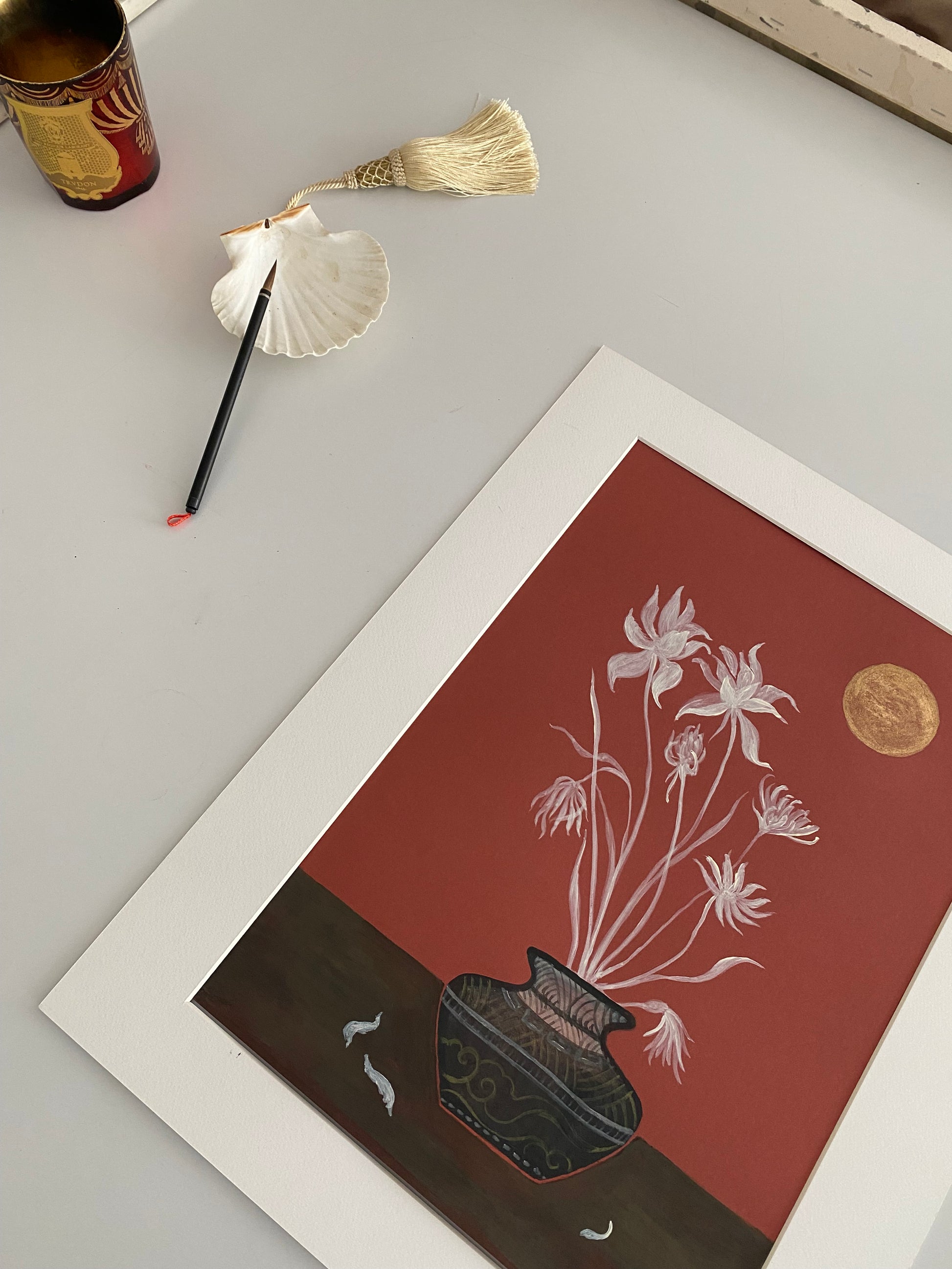 Still life painting tassel shell art shop for vintage stylist interior chinoiserie niche finds