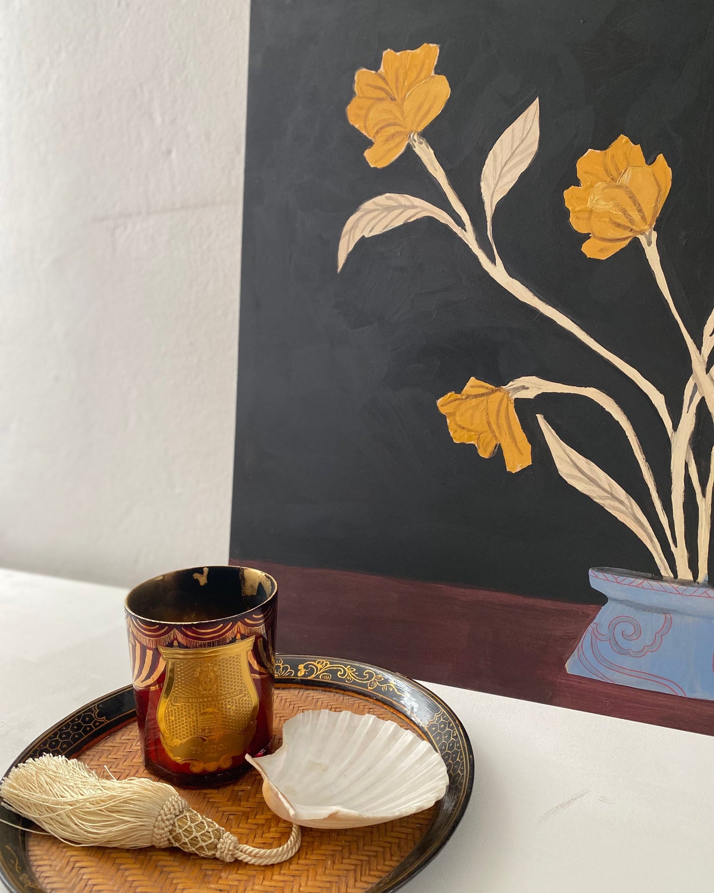 Vintage inspired still life painting yellow flowers on black background in asian vase sanyu inspired art origininal masonite oil painting gelbe blumen