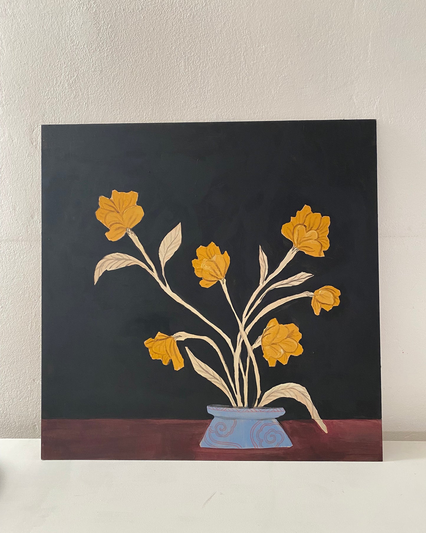 Vintage inspired still life painting yellow flowers on black background in asian vase sanyu inspired art origininal masonite oil painting gelbe blumen