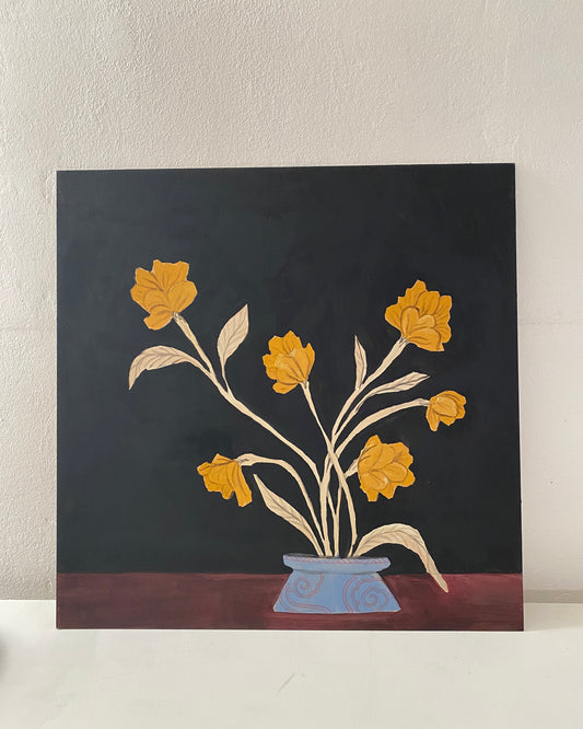 Vintage inspired still life painting yellow flowers on black background in asian vase sanyu inspired art origininal masonite oil painting gelbe blumen