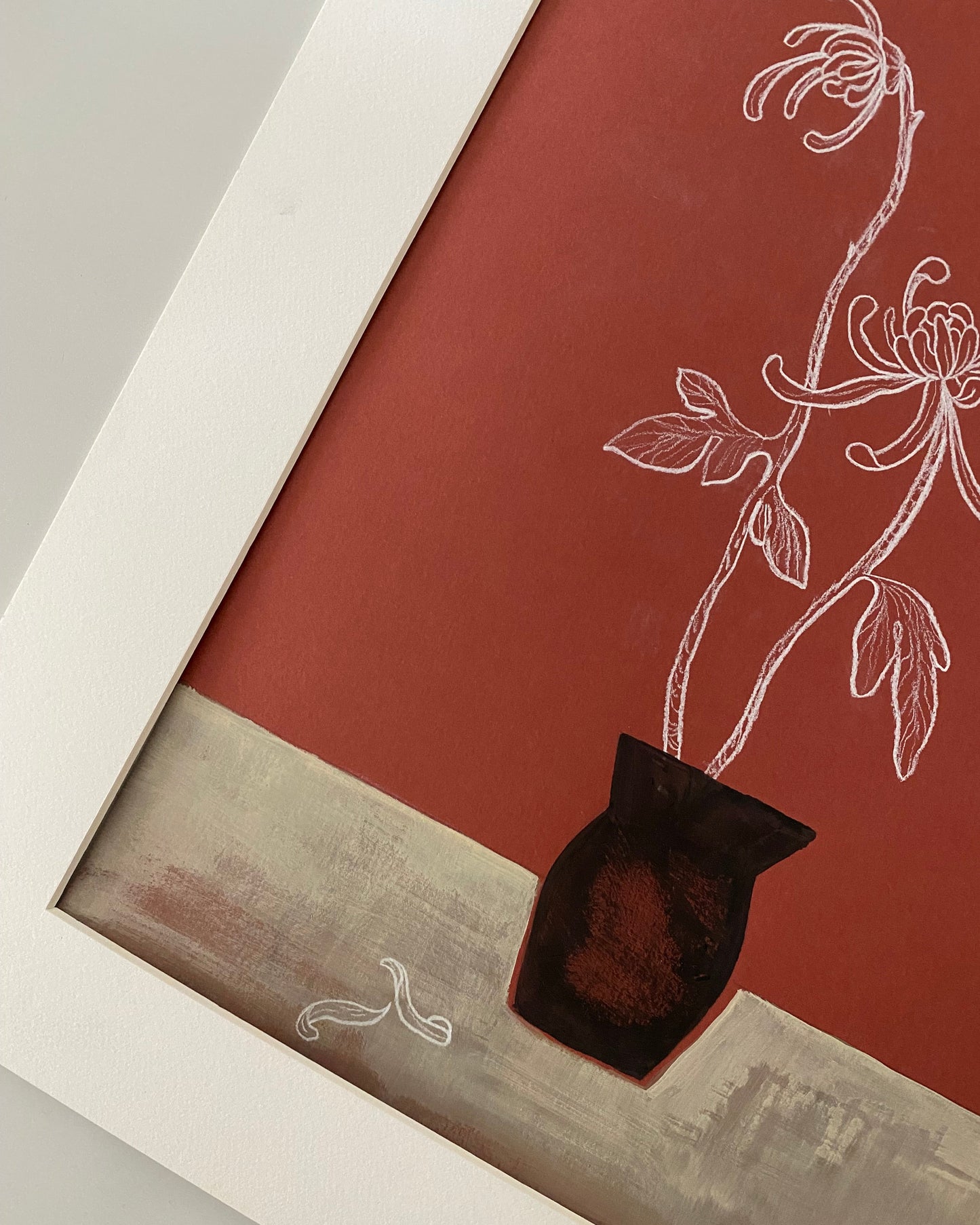 Still live painting vintage japanese inspired red gold classic A3 chrysanthemum bordeaux and gold paint elegant still life Vicelis