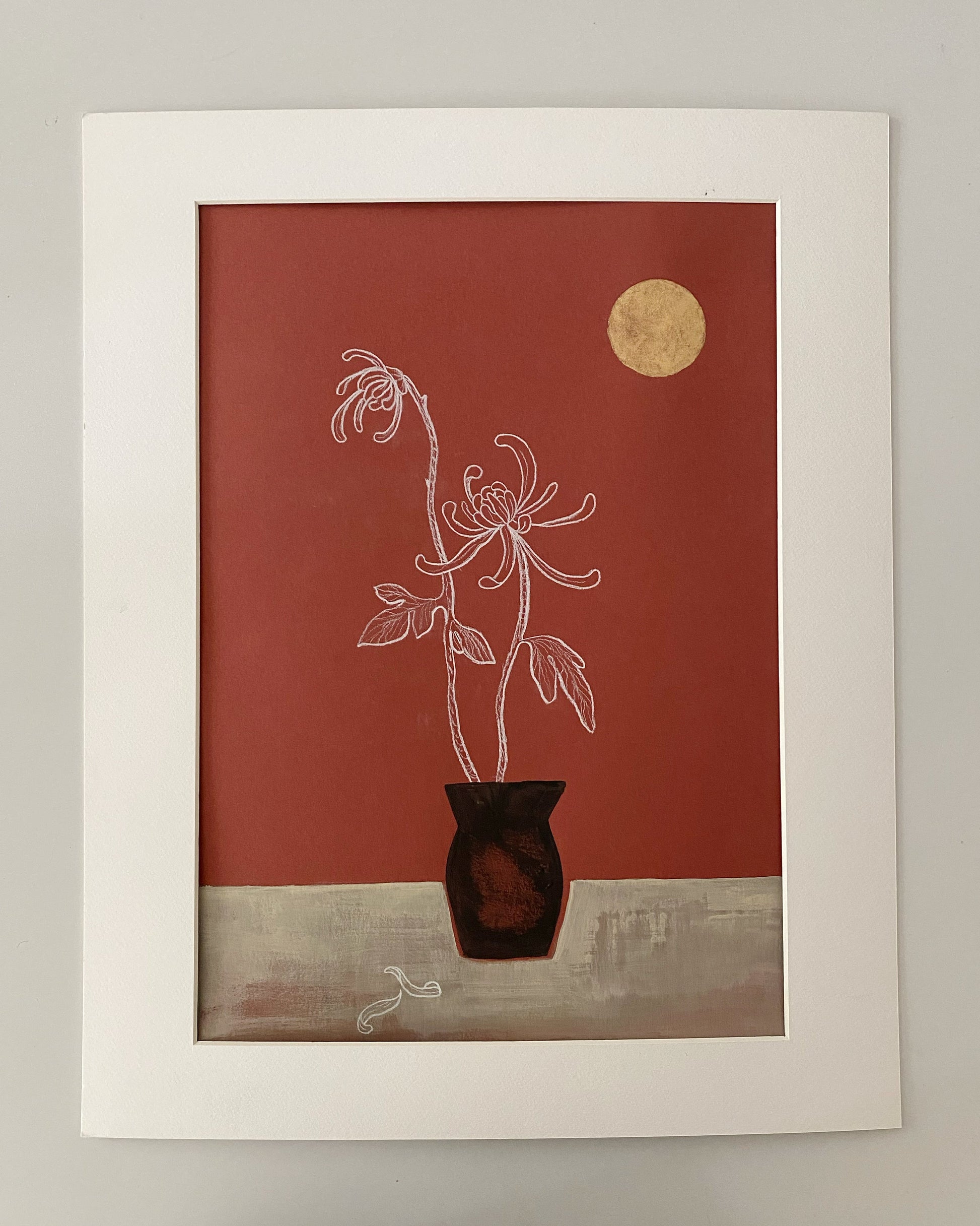 Still live painting vintage japanese inspired red gold classic A3 chrysanthemum bordeaux and gold paint elegant still life Vicelis