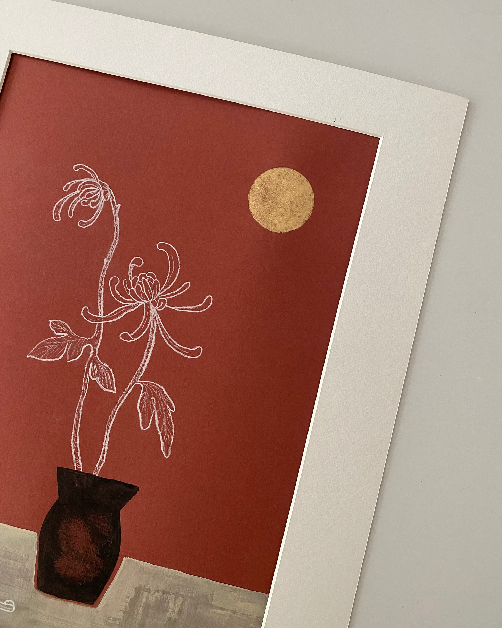 Still live painting vintage japanese inspired red gold classic A3 chrysanthemum bordeaux and gold paint elegant still life Vicelis