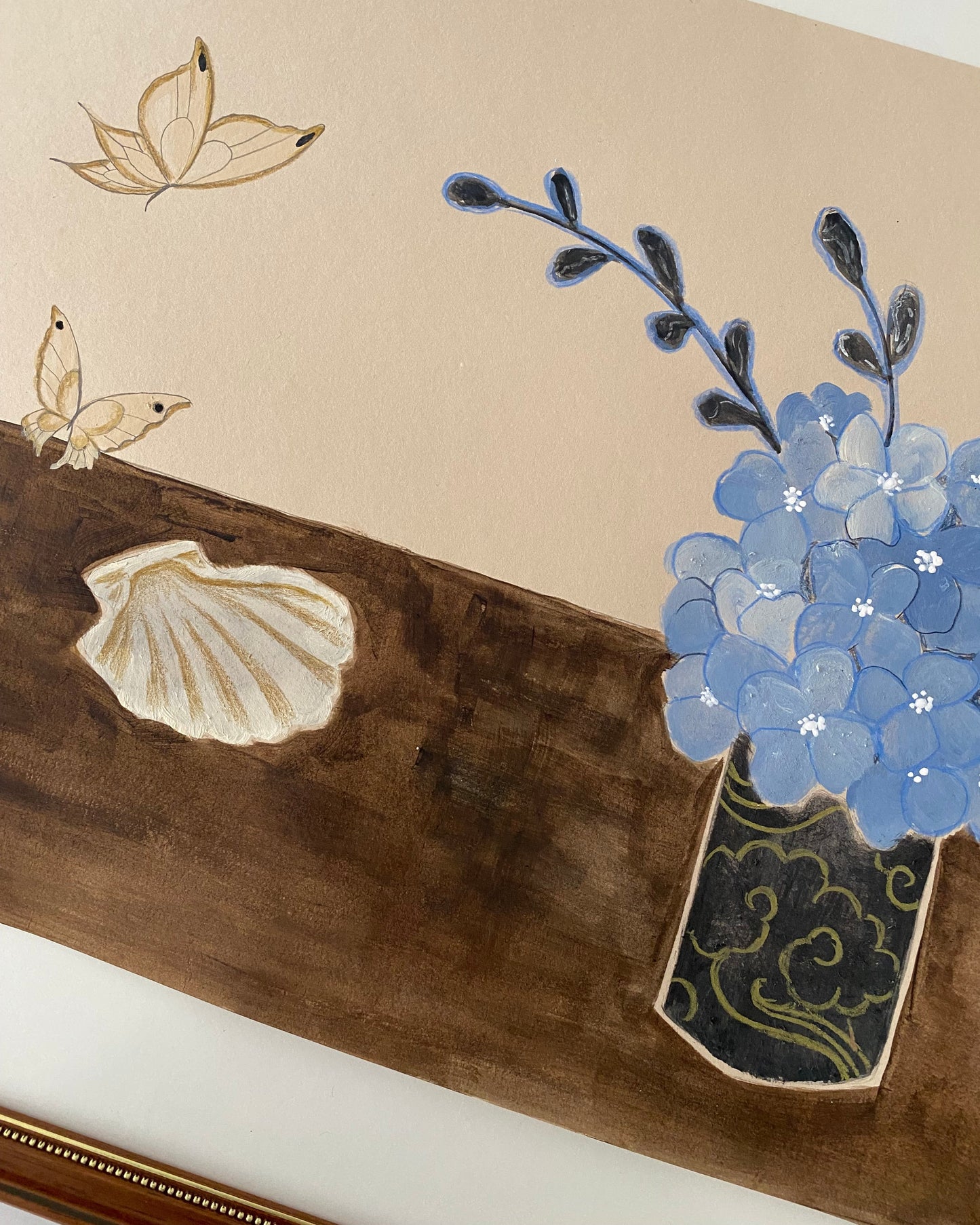Hydrangea Hortensien still life painting stillleben japan art A3 earthy tones original art blue beige butterfly minimalistic japan art