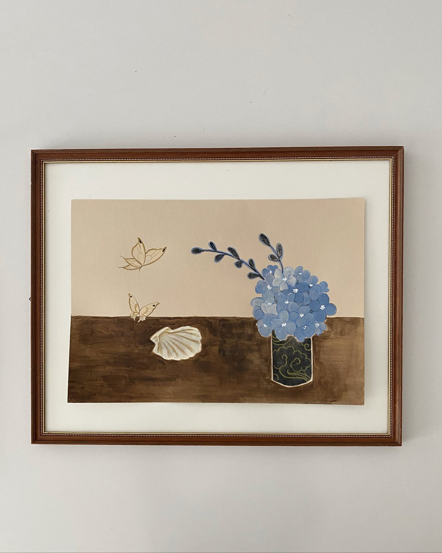 Hydrangea Hortensien still life painting stillleben japan art A3 earthy tones original art blue beige butterfly minimalistic japan art