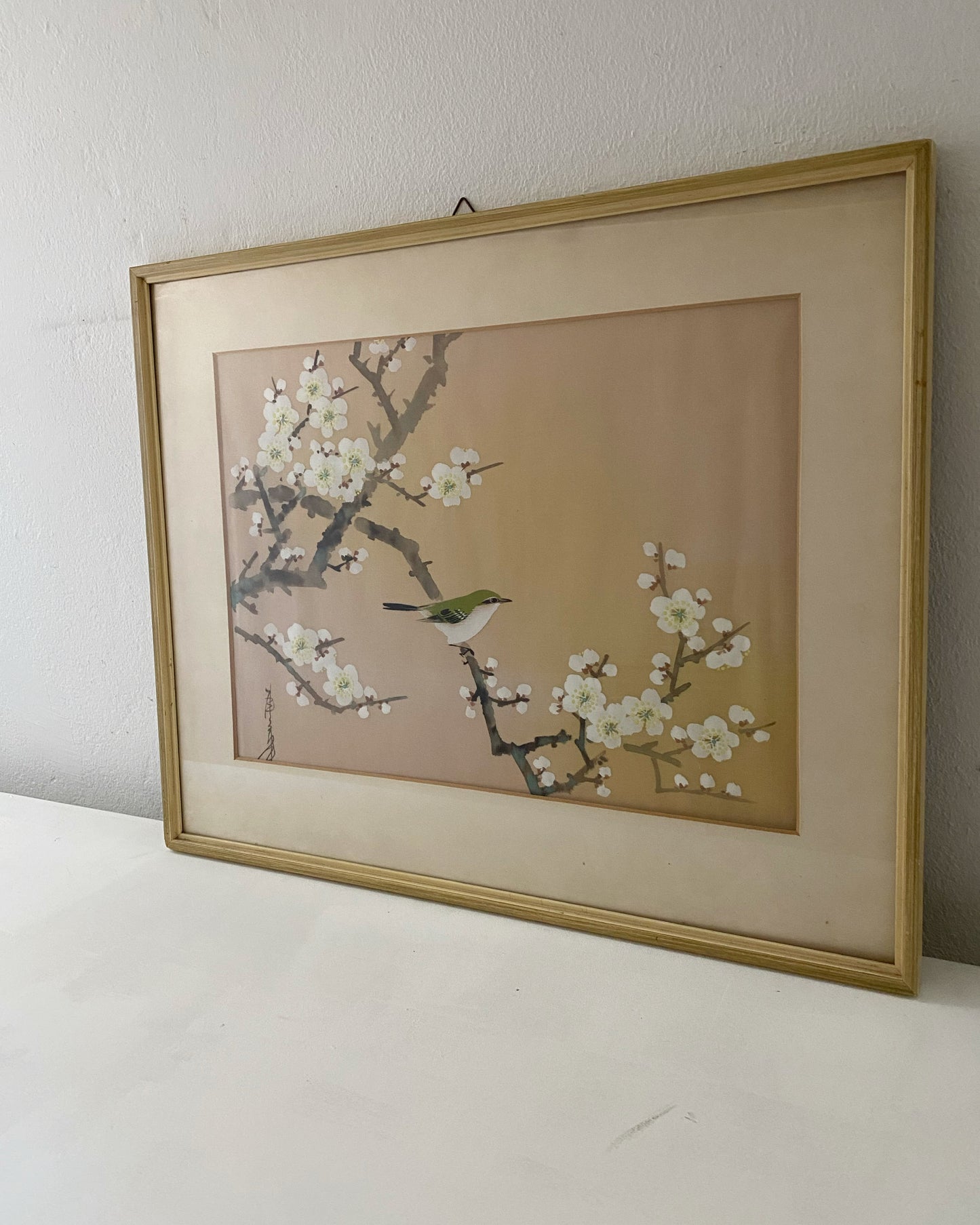 Japanese vintage painting bird on branch silk painting asia antique vogel auf zweig cherry blossom beige cream tones 