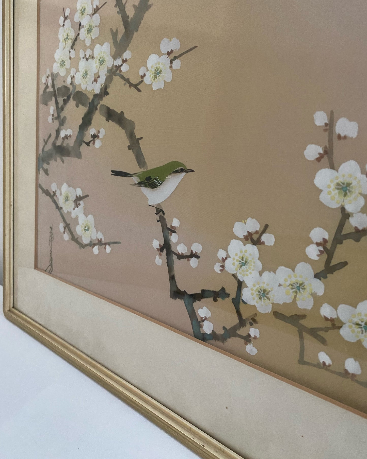 Japanese vintage painting bird on branch silk painting asia antique vogel auf zweig cherry blossom beige cream tones 
