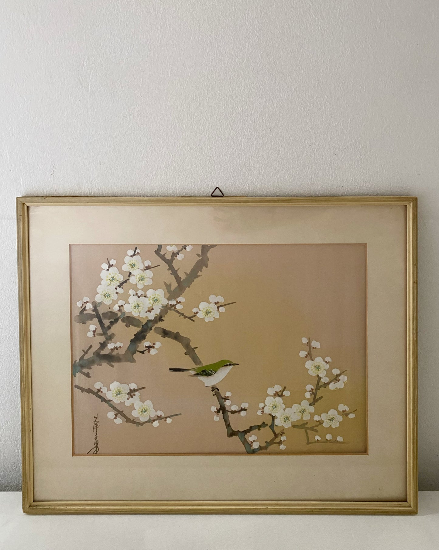 Japanese vintage painting bird on branch silk painting asia antique vogel auf zweig cherry blossom beige cream tones 