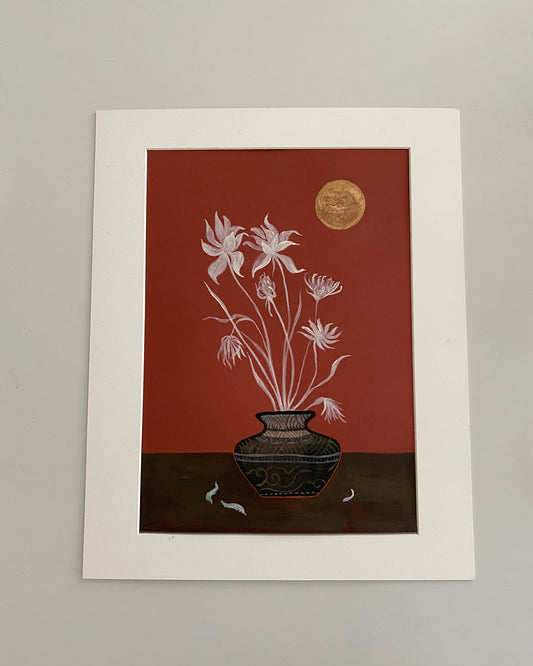 Soft white flowers with red background still life dark japandi art