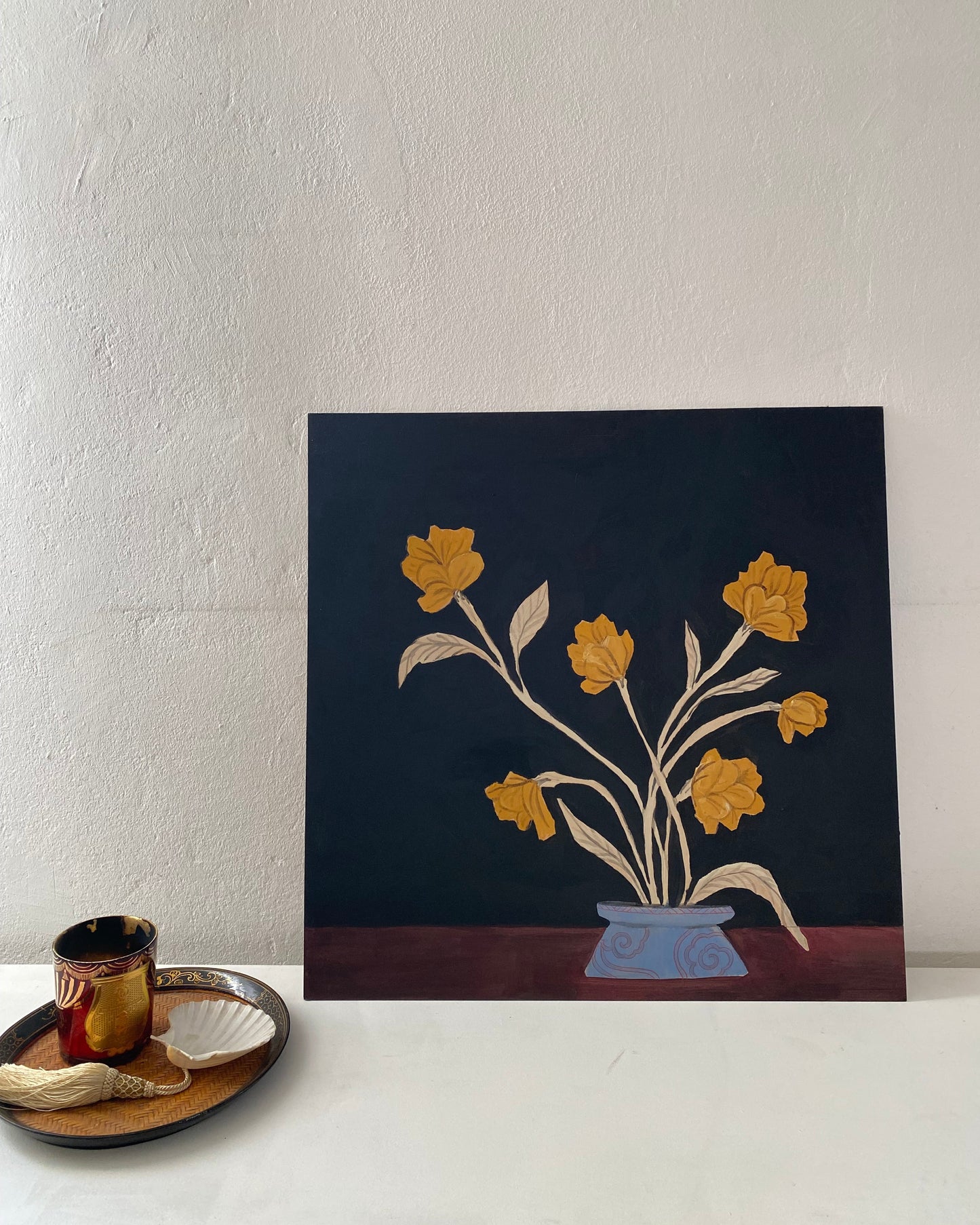 Vintage inspired still life painting yellow flowers on black background in asian vase sanyu inspired art origininal masonite oil painting gelbe blumen