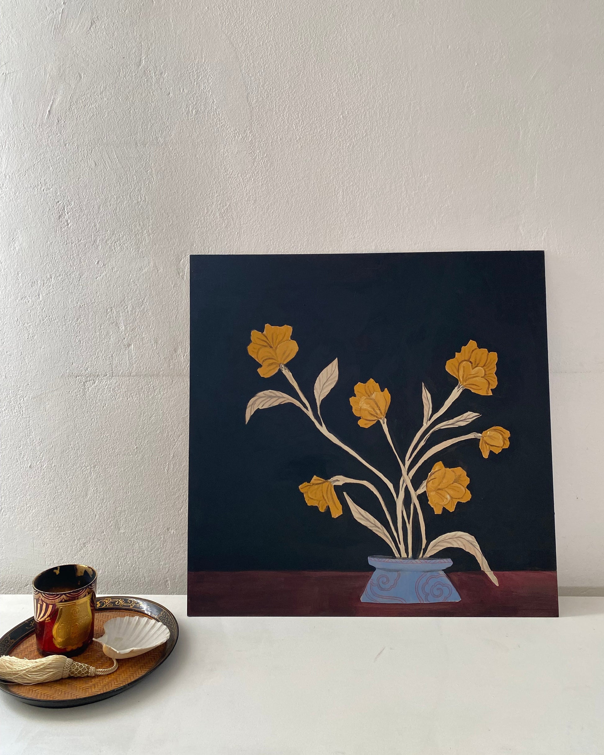 Vintage inspired still life painting yellow flowers on black background in asian vase sanyu inspired art origininal masonite oil painting gelbe blumen
