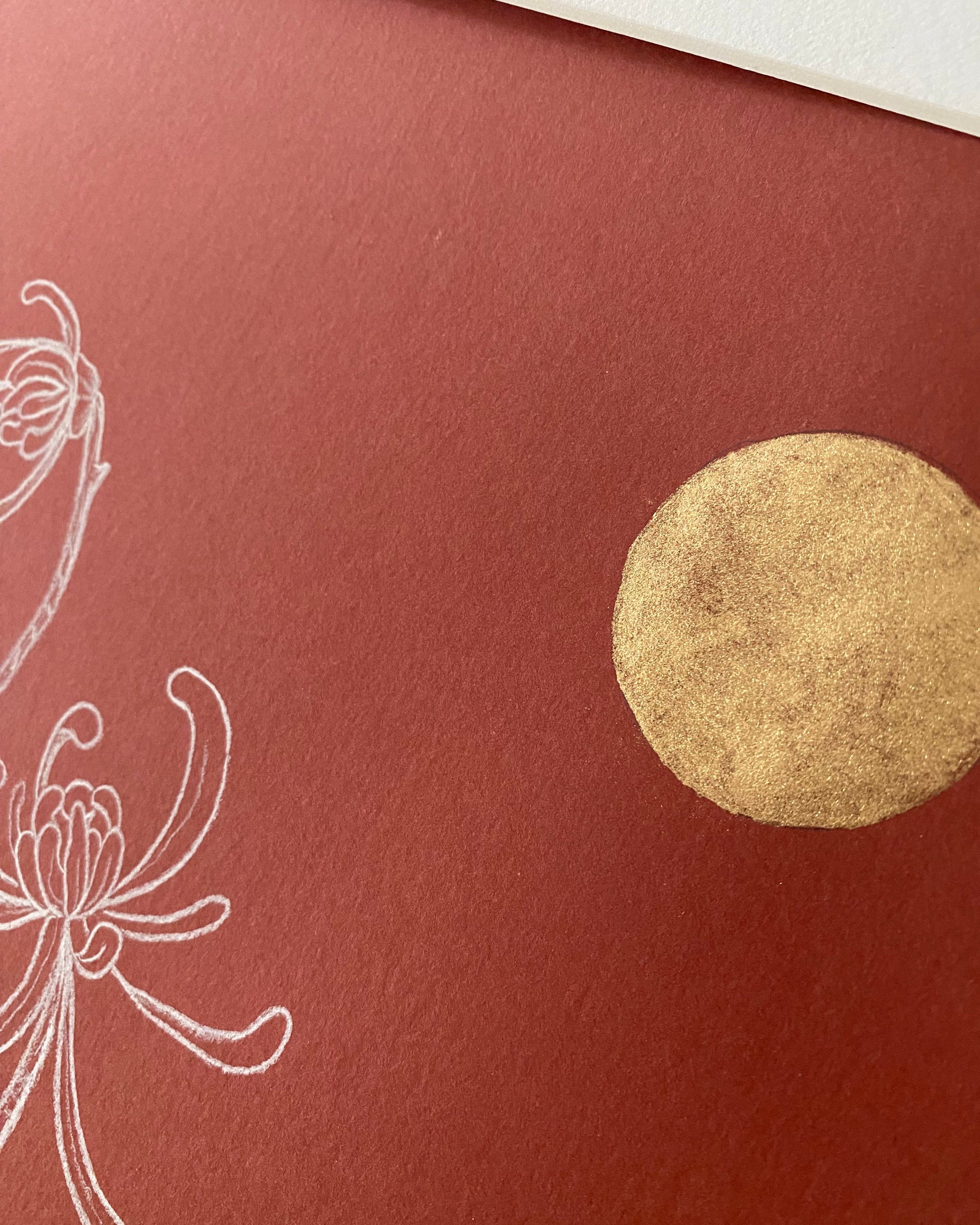Still live painting vintage japanese inspired red gold classic A3 chrysanthemum bordeaux and gold paint elegant still life Vicelis